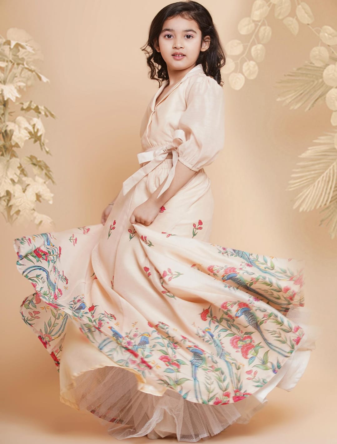 Girls Ethnic Silk Blend Half Sleeves Floral Flared Lehenga and Blouse Set - Beige (5-6 Years) - Image 4