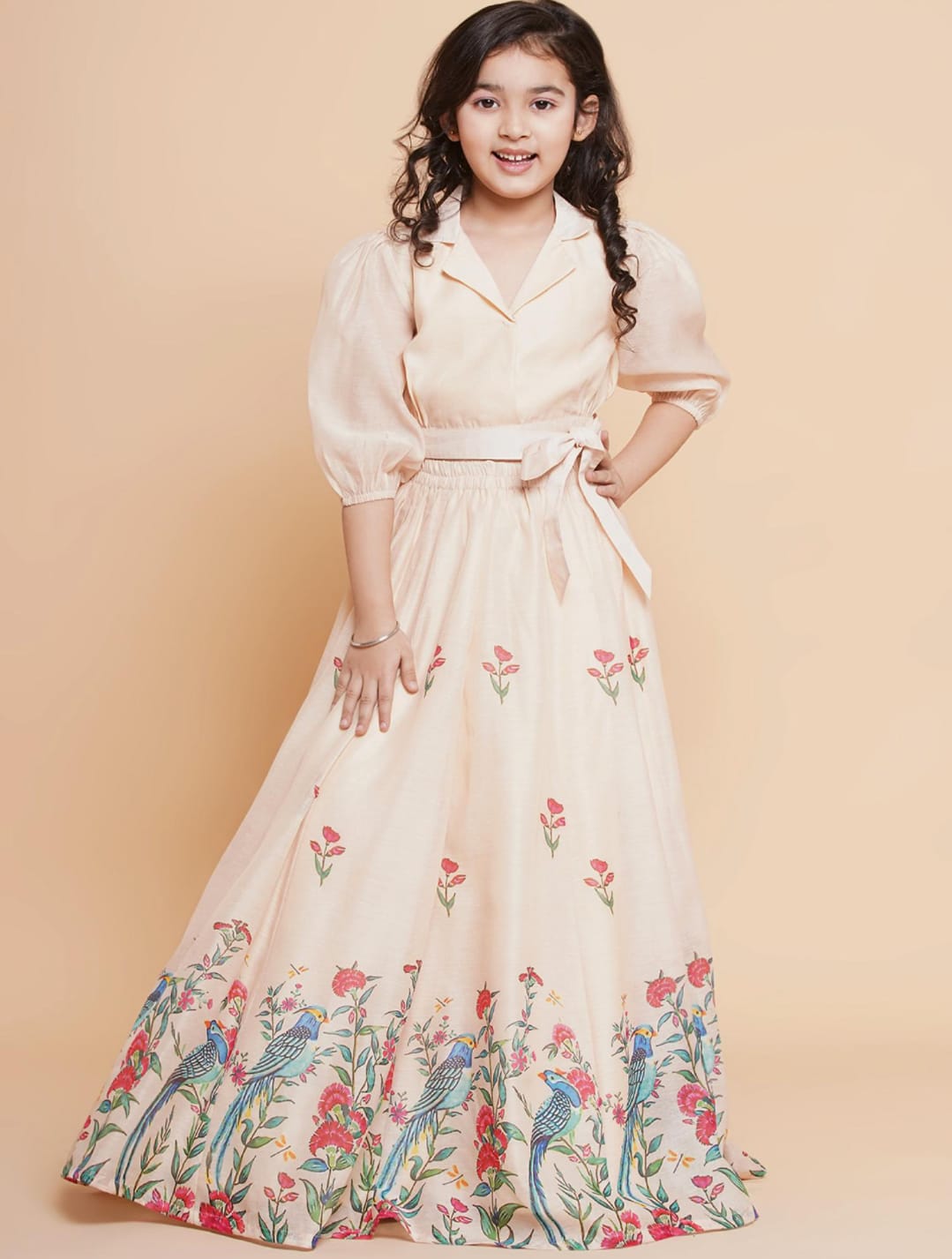 Girls Ethnic Silk Blend Half Sleeves Floral Flared Lehenga and Blouse Set - Beige (5-6 Years)