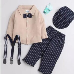 Beige & Navy Blue Boys Shirt Pant with Suspender and Cap (Set of 5)