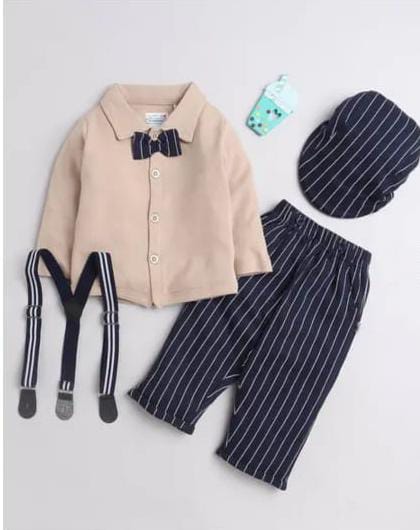 Beige & Navy Blue Boys Shirt Pant with Suspender and Cap (Set of 5)